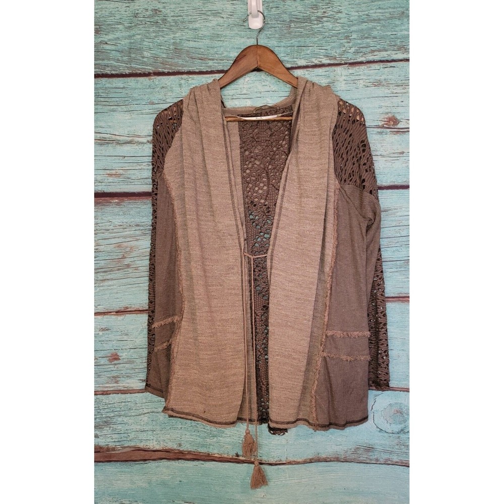 Miss Me Women Hooded Cardigan Latte Brown Lace Arms Size Large